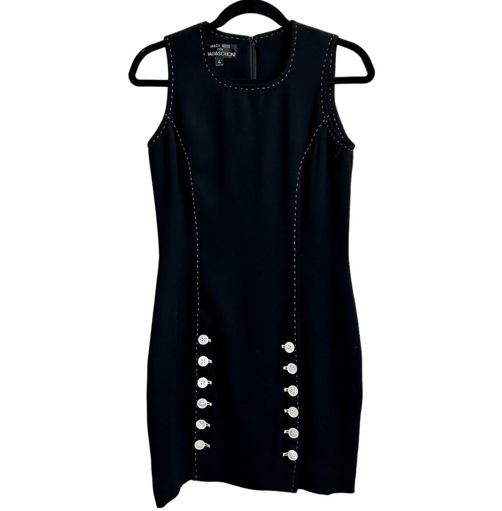 Tracy Reese Magaschoni Vintage 90s Black Sheath Dress Sz 4 Pearl Button LBD USA